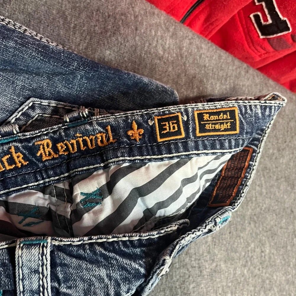 Rock Revival Rondel Straight Jeans Mens 36x33 Blue Acid Wash Embroidered Teal